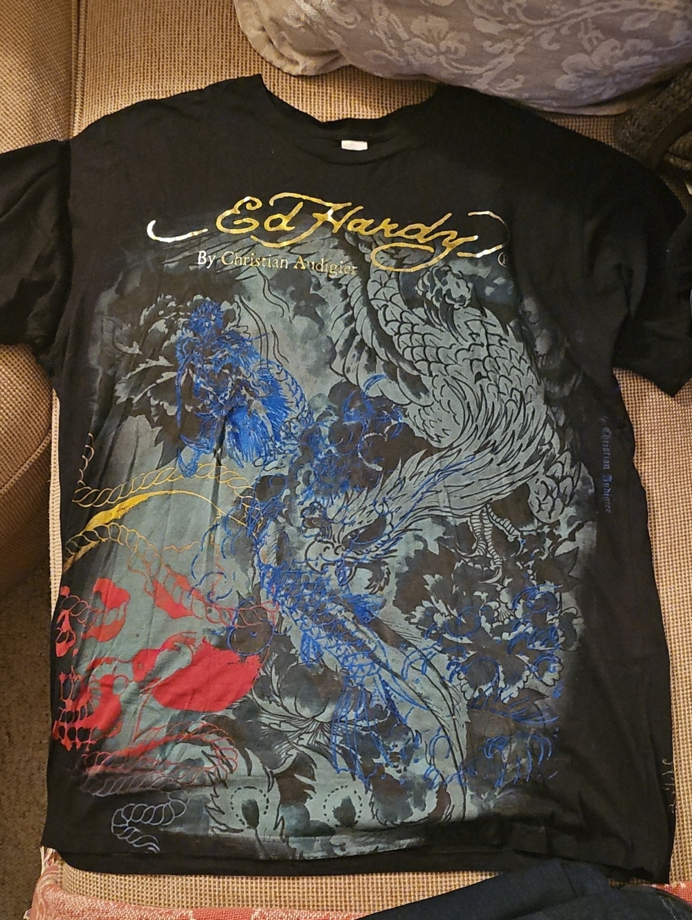 Ed Hardy Black Short-Sleeve Tee with Blue Dragon & Red Accent